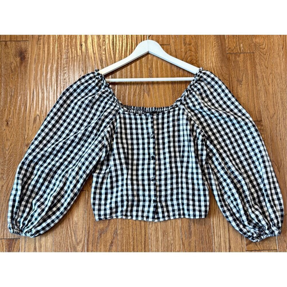 Who What Wear black linen gingham puff sleeve cropped blouse  large - Picture 10 of 10